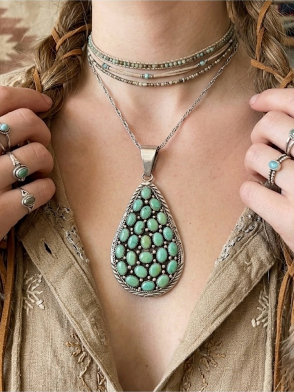 🔴SALE🔴 Navajo Bobby Johnson large sterling silver turquoise cluster pendant